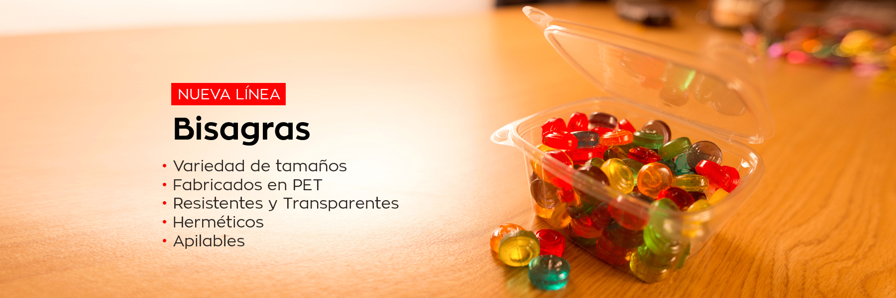 Nueva línea Bisagras: variedad de tamaños, fabricadas en PET, resistentes, transparentes, herméticas y apilables