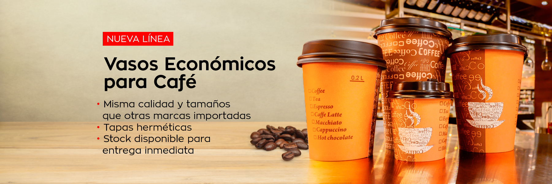 Nueva línea Vasos económicos para café: misma calidad y tamaños que otras marcas importadas, tapas herméticas y stock para entrega inmediata